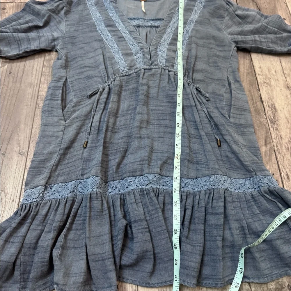 Free People Sky Wash Blue Swing Dress Lace Hippie Boho XS Bubble Sleeve